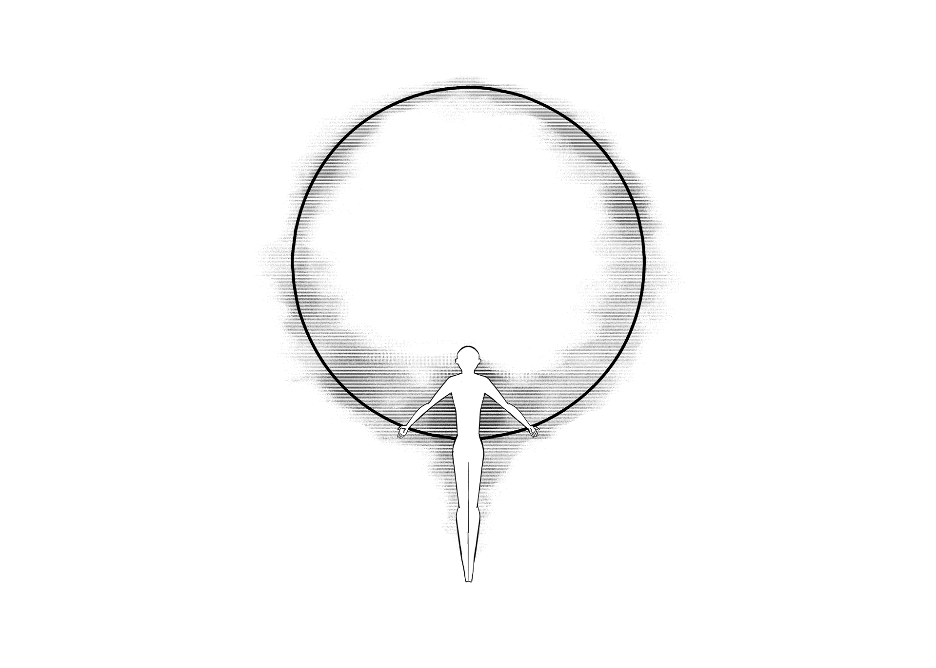Pencil style illustration drawing of a silhouette arms out and a circle behind.