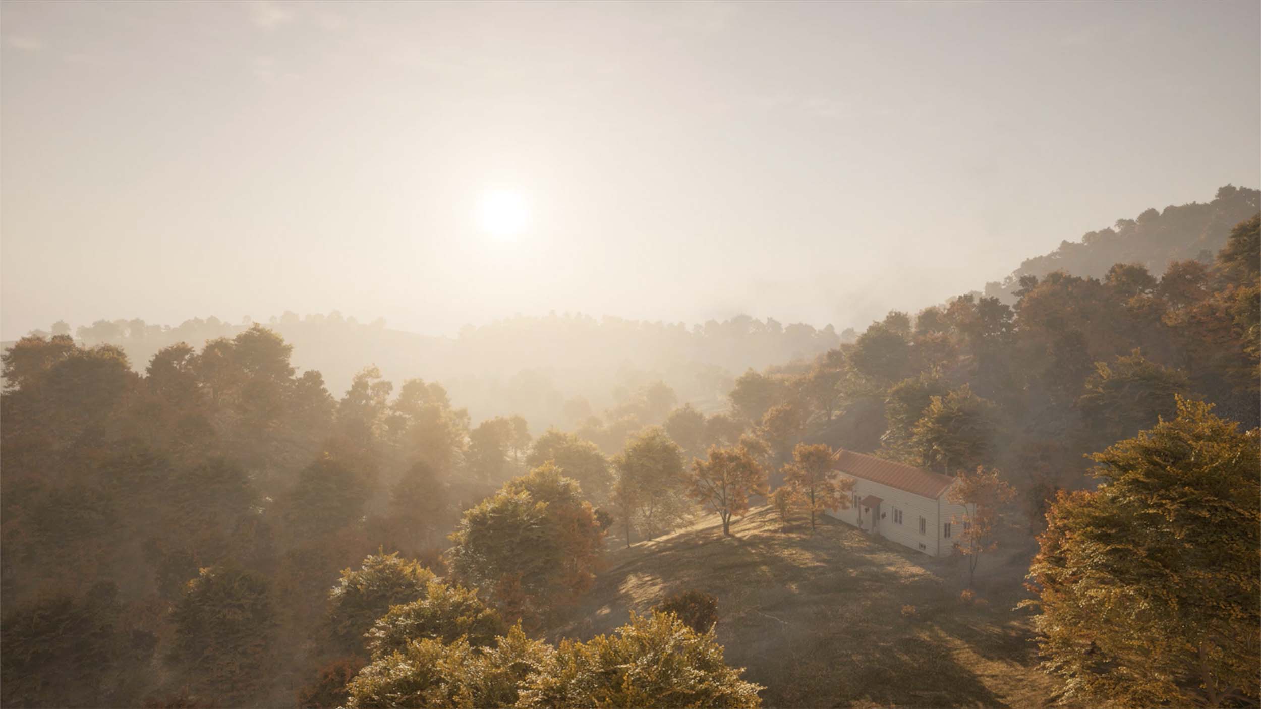 Header image featuring a sunrise over a hilly forest